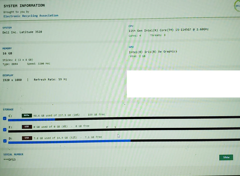 Dell Latitude 3520 i5-1145G7 @ 2.6GHz 16GB DDR4 256GB NVMe