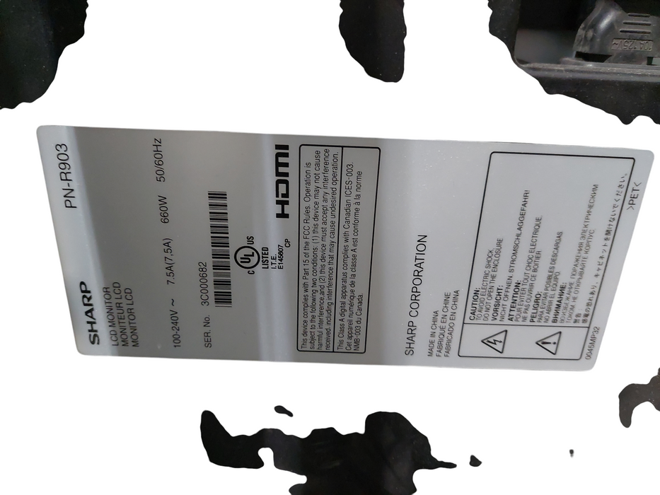 Sharp 90" LCD Monitor  Model: PN-R903 Commercial Grade Display Monitor