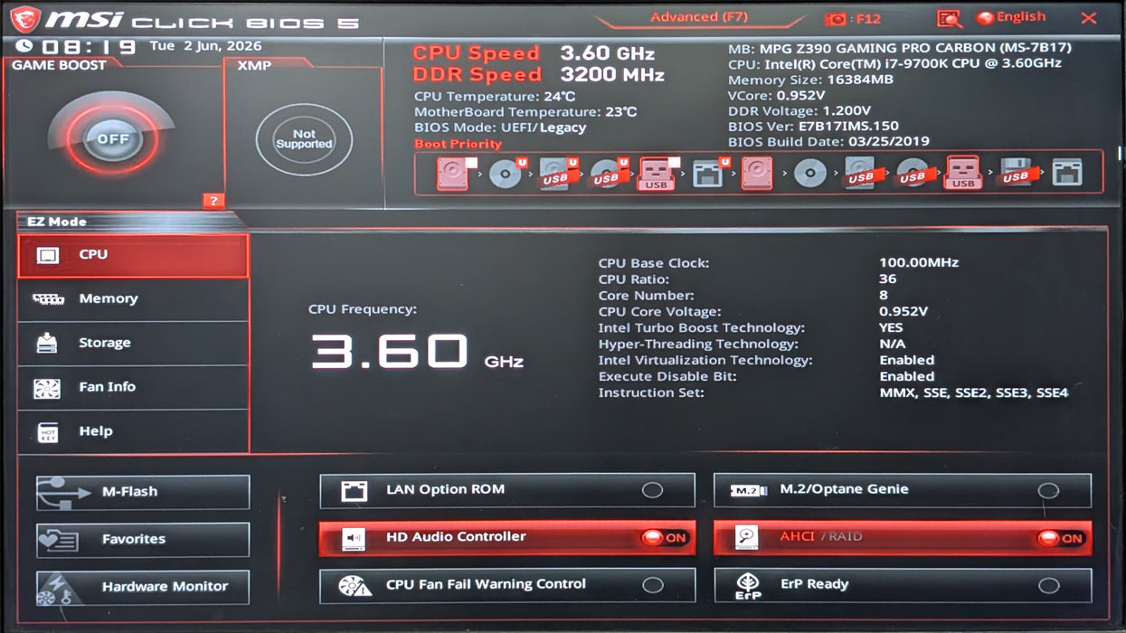 Custom PC, MPG Z390 Gaming Pro Carbon, i7-9700K, 16GB DDR4, 256GB NVMe, RX580