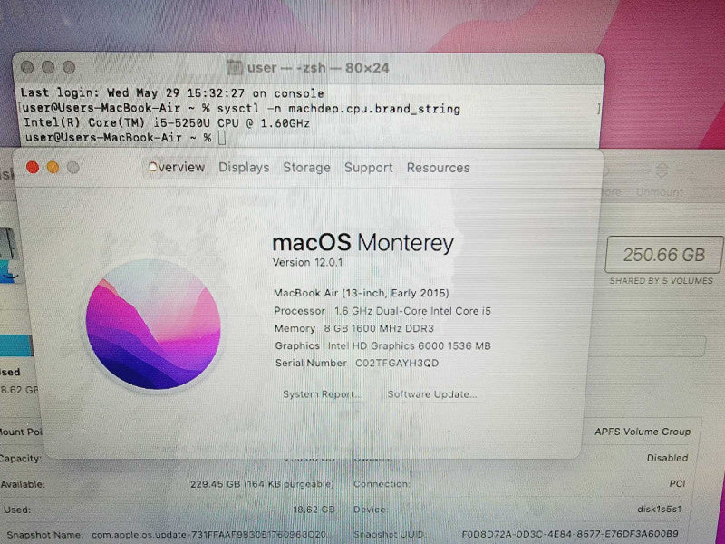 Apple Macbook Air 2015 13\\" 2-Core i5-5250U @ 1.6GHz 8GB DDR3 250GB SSD (