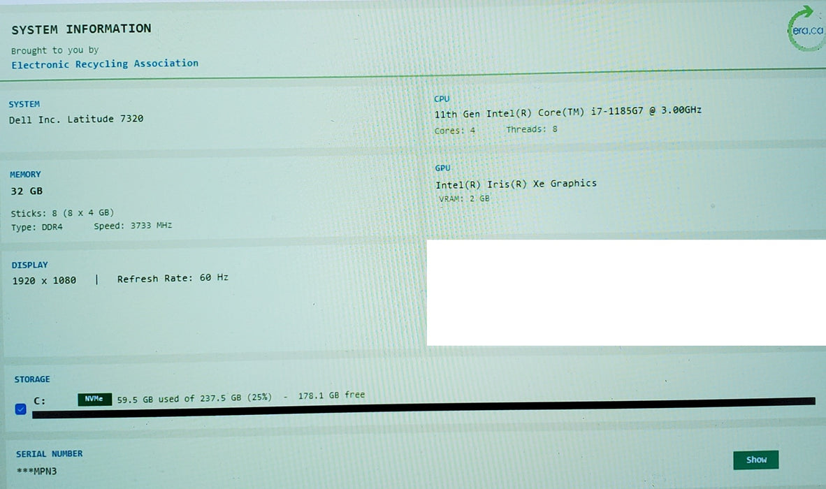 Dell Latitude 7320 Core i7-1185G7@ 3.00GHz vPRO 32GB RAM 256GB SSD Lap200 READ