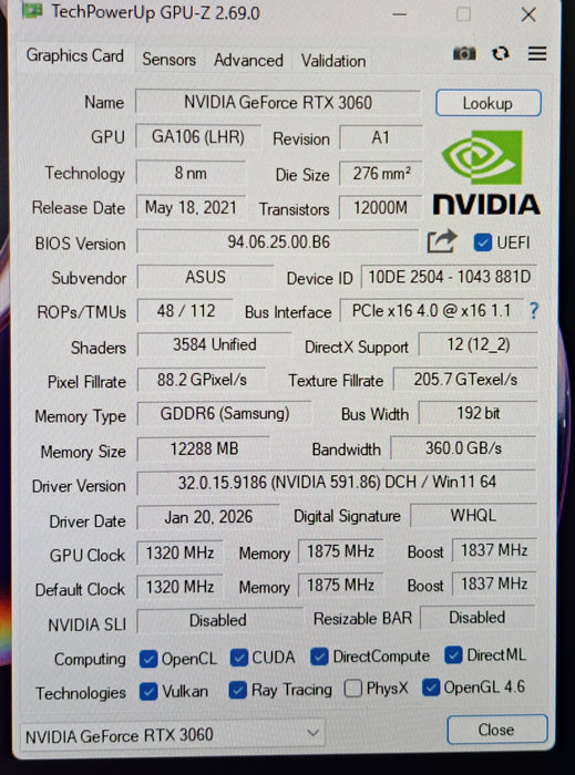ASUS NVIDIA GeForce RTX 3060 12GB GDDR6 Graphic Card ( DUAL-RTX3060-O12G-V2)