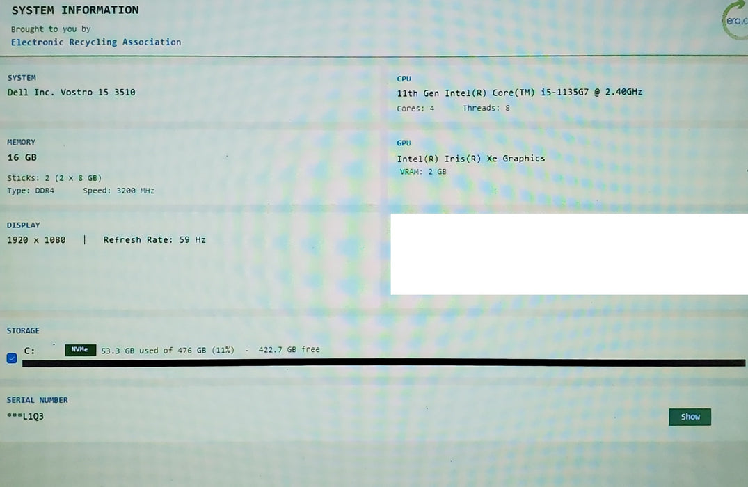 Dell Vostro 15 3510 Core i5-1135G7 2.40GHz 16GB RAM 512GB SSD READ