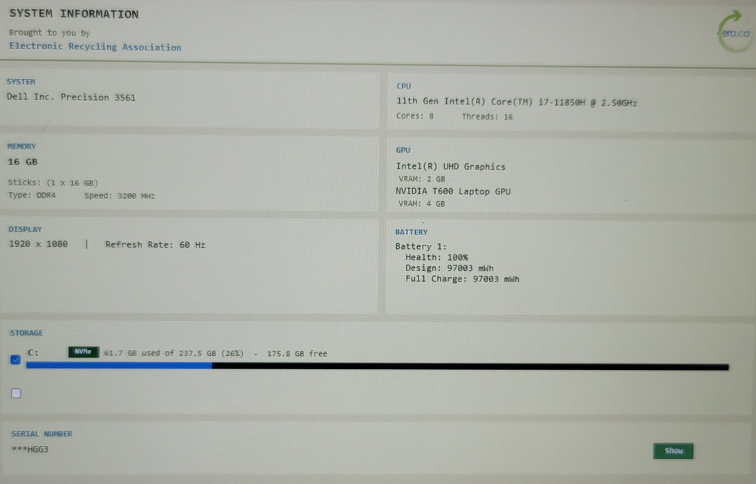 Dell Precision 3561 i7-11850H 16GB DDR4 T600 256GB NVMe  15" No Adapter