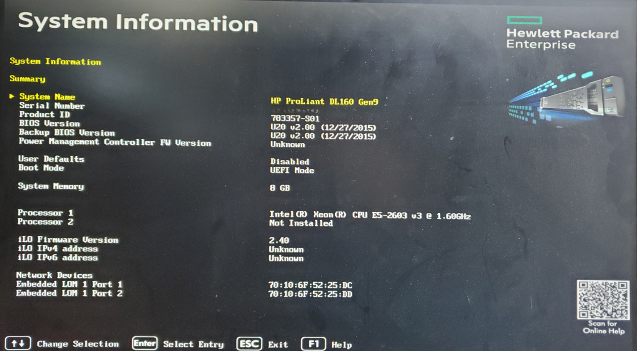 HP ProLiant DL160 Gen9 - 1x Xeon E5-2603 v3, 8GB DDR4, B140i - No HDD