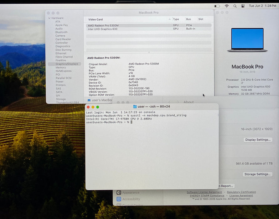 Apple MacBook Pro 16" 2019 i7-9750H Radeon Pro 5300M 4GB 32GB RAM 1TB SSD READ!