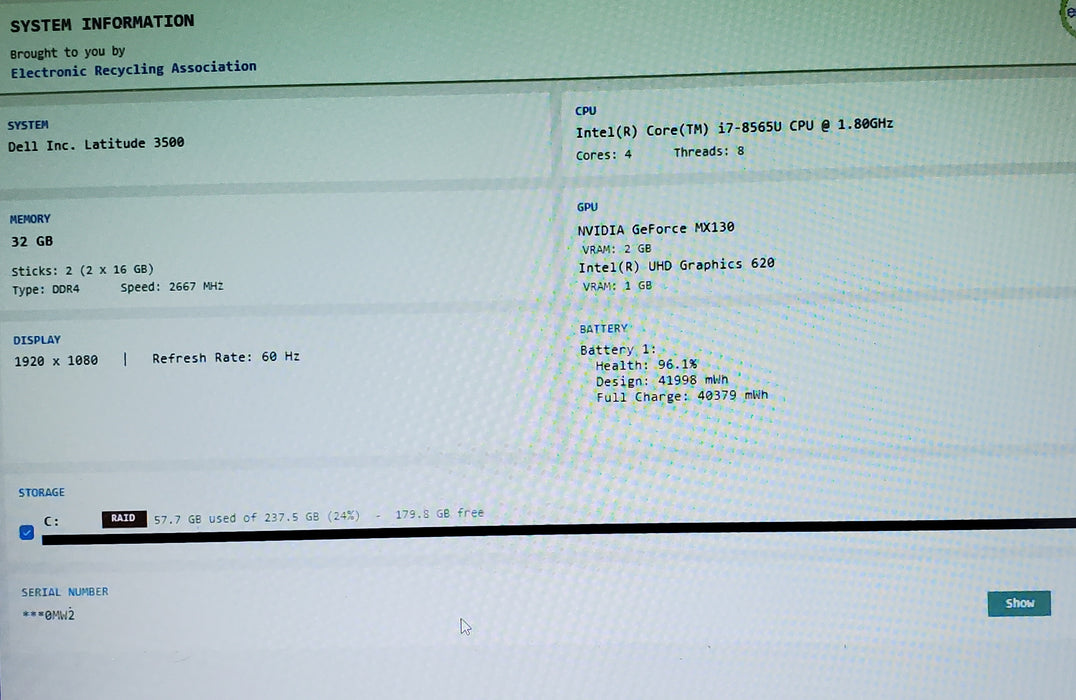 Dell Latitude 3500 i7 8565U 32GB DDR4 MX130 256GB SSD READ