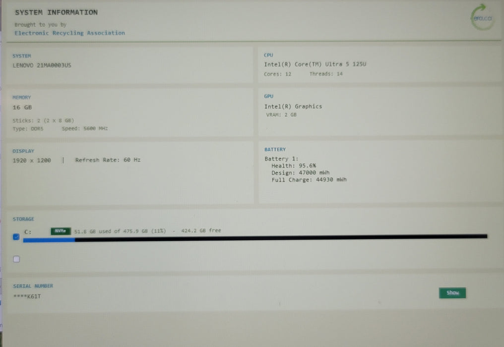 Lenovo ThinkPad E16 Gen 2 Ultra 5 125U 16GB DDR5 512GB NVMe
