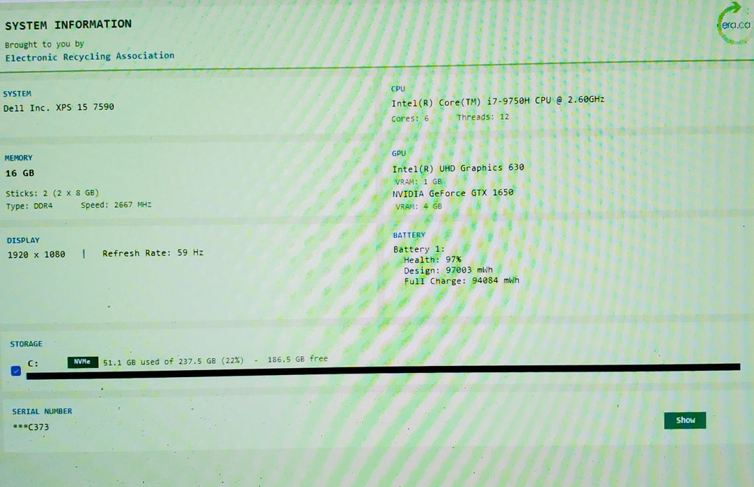 Dell XPS 15 7590 15" i7-9750H GTX1650 4GB GPU 16GB RAM 256GB SSD
