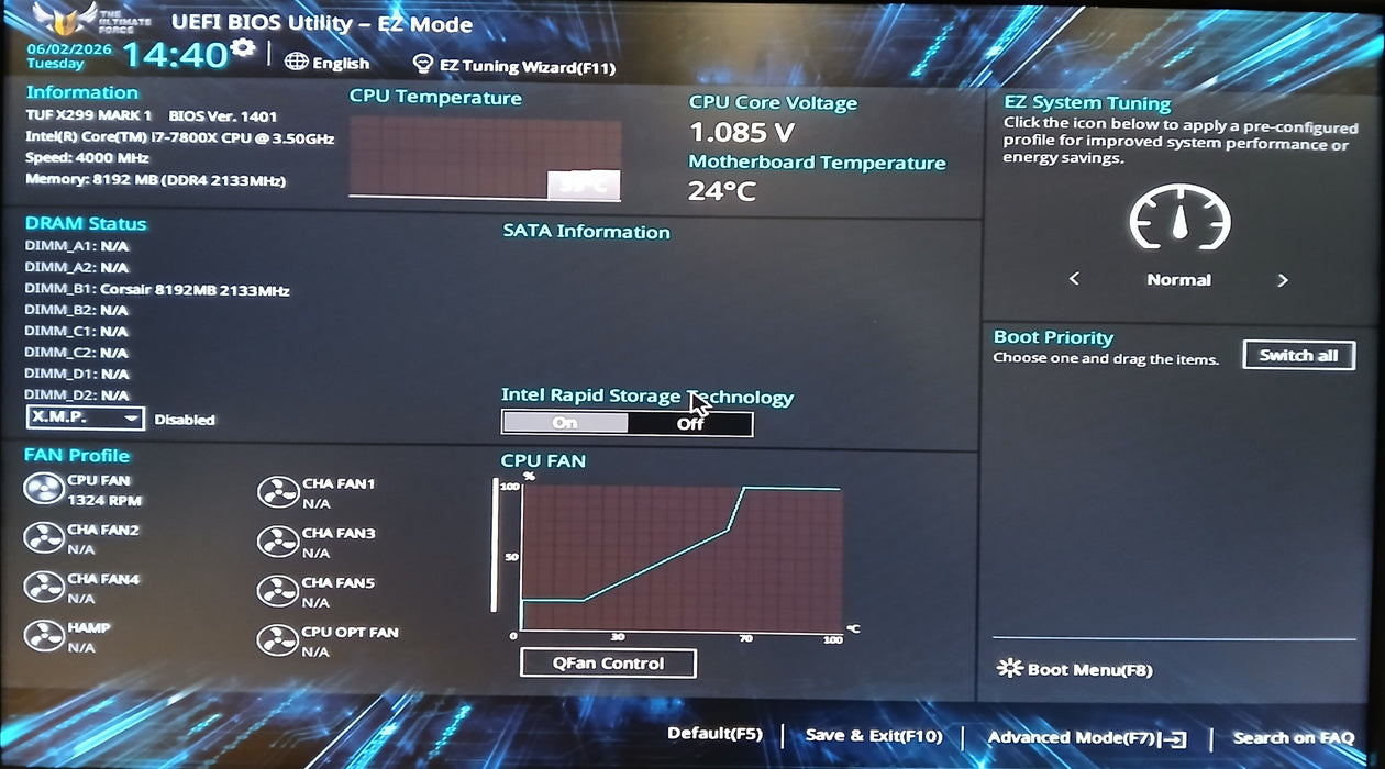 ASUS TUF X299 MARK 1 Motherboard w/ Intel i7-7800X 8GB DDR4
