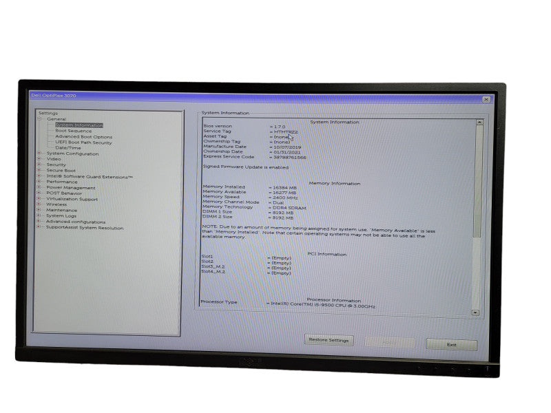 Dell OptiPlex 3070 SFF i5 - 9500 CPU @ 3.00GHz 16GB DDR4 Ram QÎ¸
