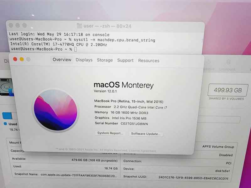 Apple Macbook Pro Retina 2015 15\\" 4-Core i7-4770HQ @ 2.2GHz 16GB DDR3 500GB SSD (