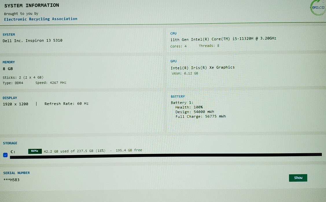 Dell Inspiron 13 5310 Laptop i5-11320H 3.20GHz 8GB RAM 256GB SSD