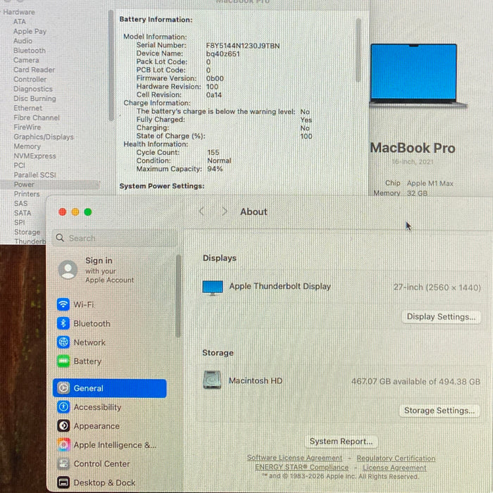Apple MacBook Pro 16" 2021 M1 Max 32GB RAM 512GB SSD Damaged Screen READ!