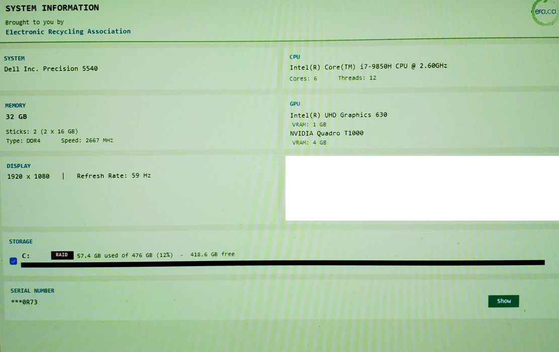 Dell Precision 5540 i7-9850H QUADRO T1000 4GB GPU 32GB RAM 512SSD