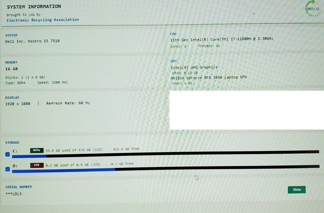Dell Vostro 15 7510 Laptop i7-11800H 16GB DDR4 512GB SSD Geforce RTX3050 READ
