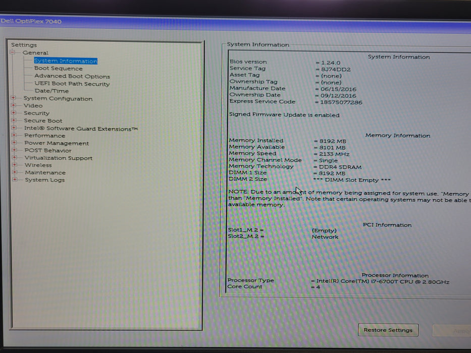 Dell OptiPlex 7040 Micro, Core i7-6700T 2.80 GHz, 8 GB DDR4, 240GB SSD
