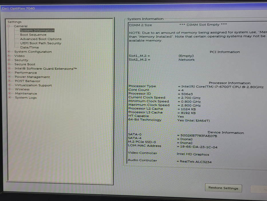 Dell OptiPlex 7040 Micro, Core i7-6700T 2.80 GHz, 8 GB DDR4, 240GB SSD