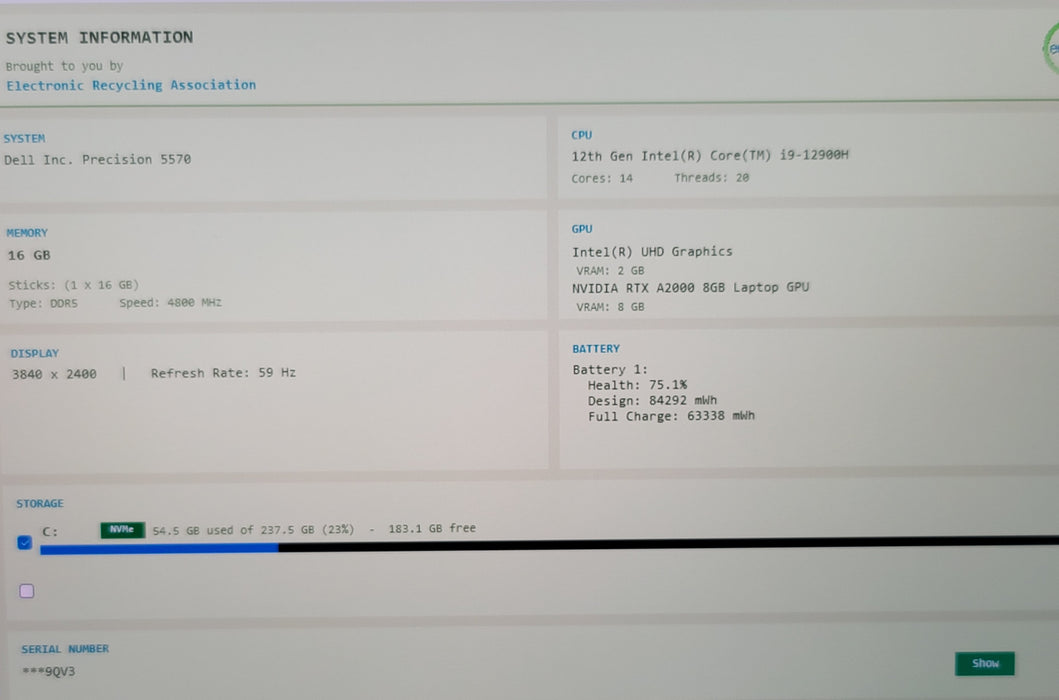 Dell Precision 5570 15" i9-12900H 16GB DDR5 RTX A2000 256GB NVMe 4K TOUCH READ