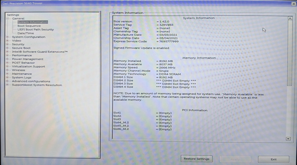 Dell OptiPlex Tower Precision 3640 w/ Intel i5-10500 8GB No HDD/SSD/NVME