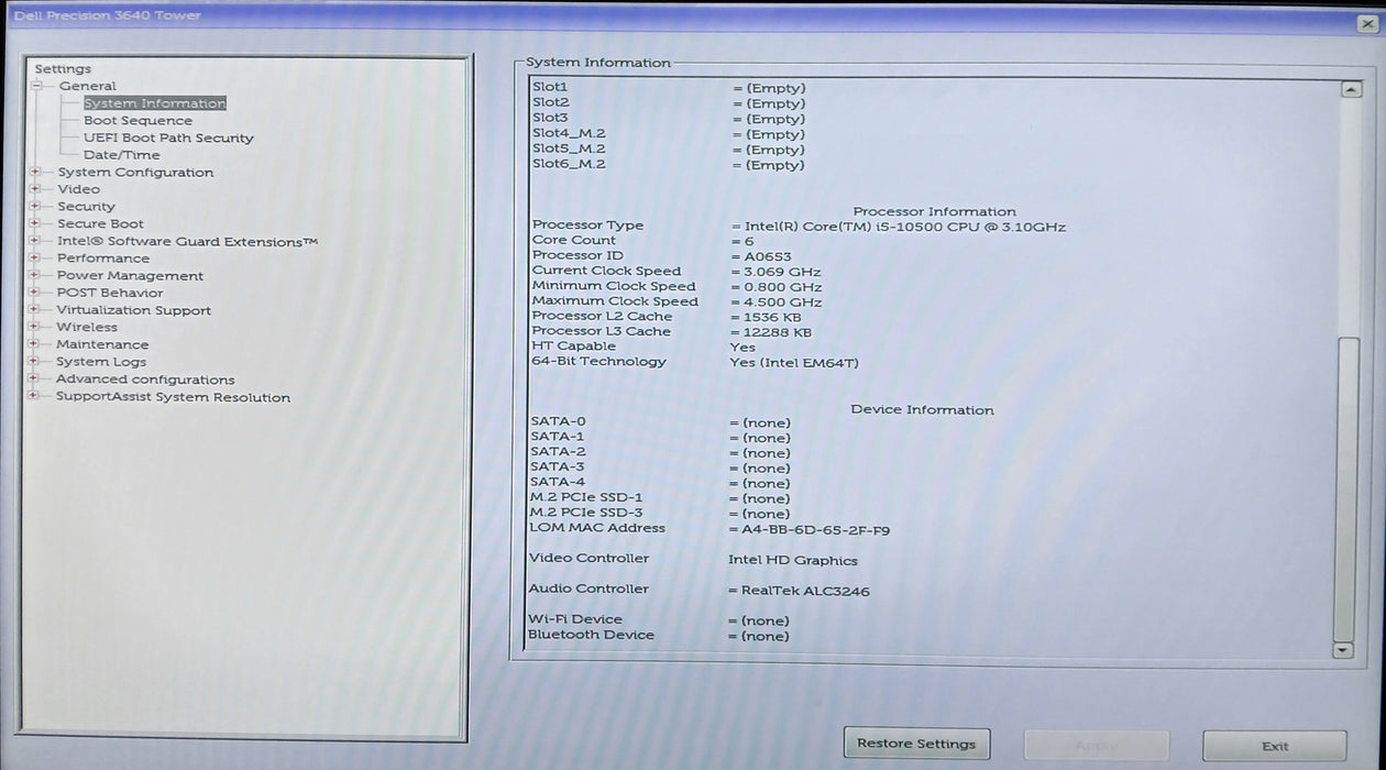 Dell OptiPlex Tower Precision 3640 w/ Intel i5-10500 8GB No HDD/SSD/NVME