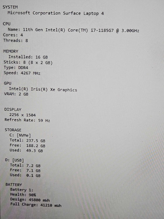 Microsoft Surface Laptop 4 i7-1185G7 16GB DDR4 256GB NVMe read