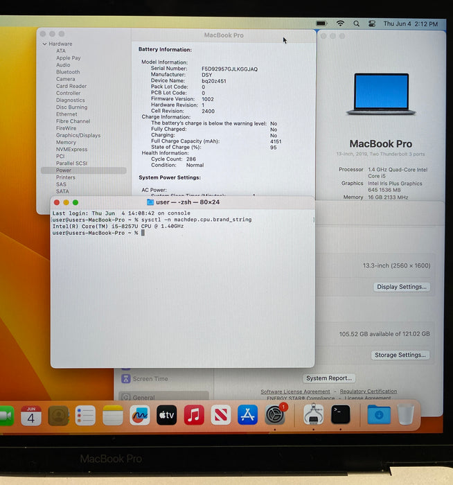 Apple MacBook Pro13" 2019 Touch Bar i5-8257U 16GB RAM 128GB SSD No Power Adapter