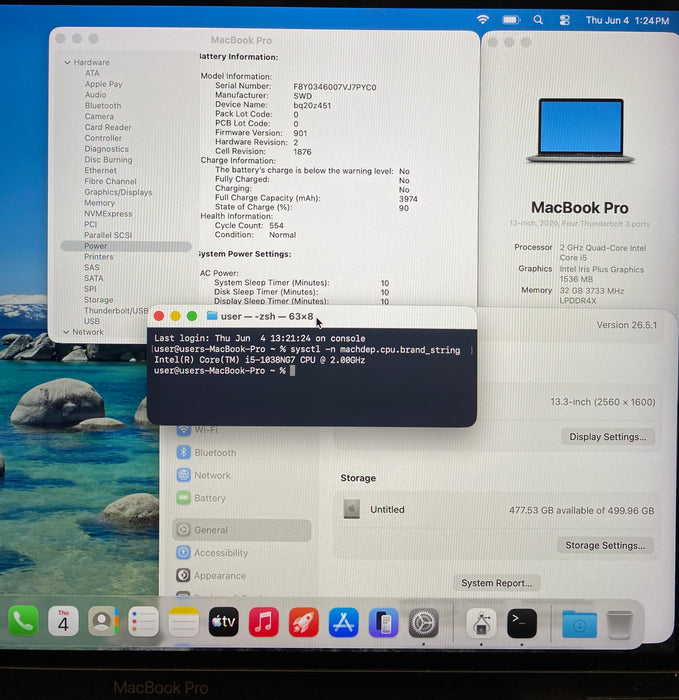 Apple MacBook Pro13" 2020 Touch Bar i5-1038NG7 32GB RAM 512SSD No Power Adapter