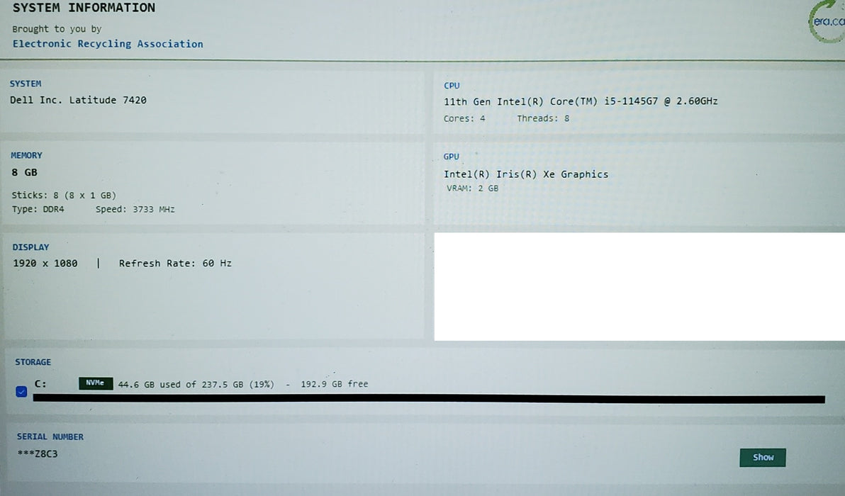 Dell Latitude 7420 Core i5-1145G7@ 2.6GHz 8GB RAM 256GB Lap200