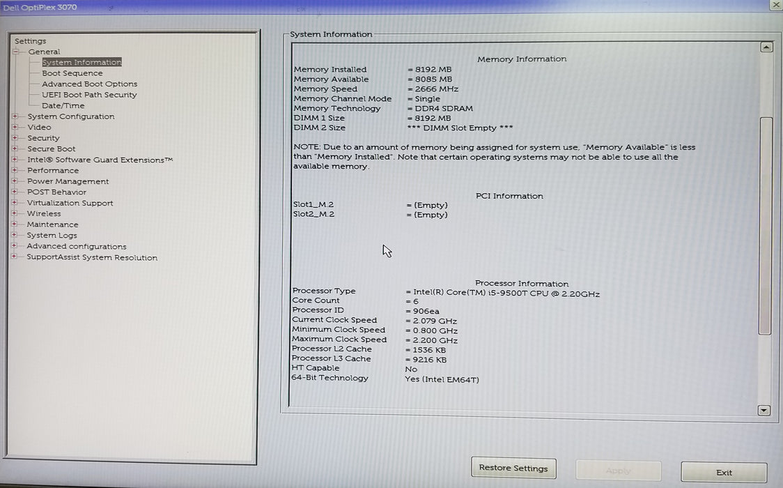 Dell OptiPlex 3070 USFF Core i5-9500T CPU 8GB RAM No HDD