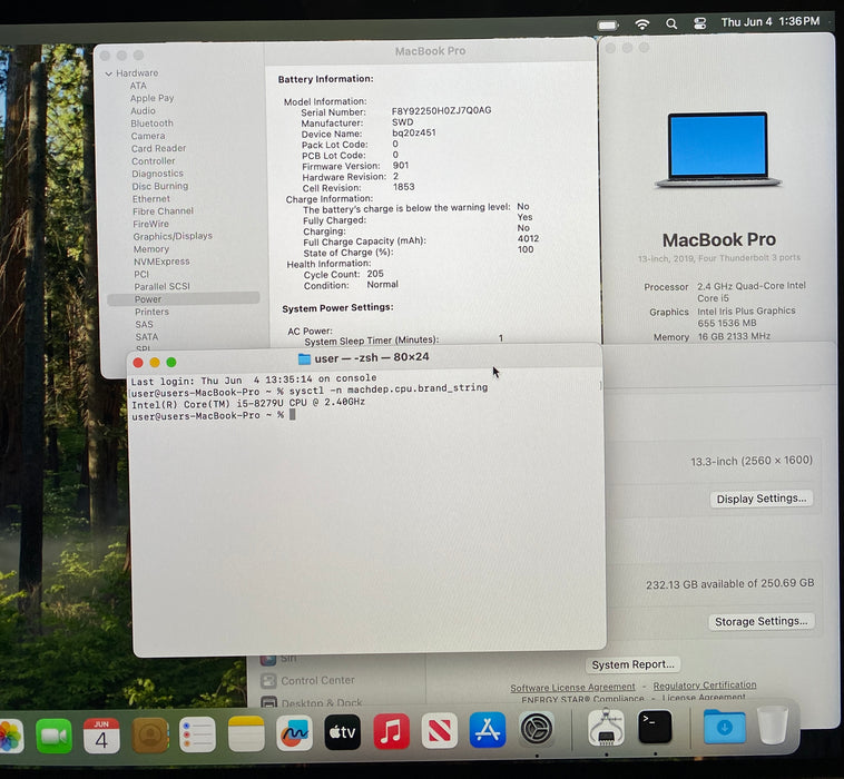 Apple MacBook Pro 13 2019 Touch Bar i5-8279U 16GB RAM 256GB SSD No Power Adapter