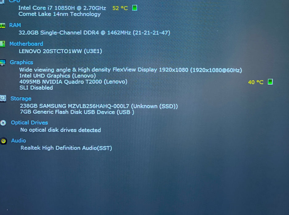 Lenovo ThinkPad P15 Gen 1 i7-10850H QUADRO T2000 4GB GPU 32GB RAM 256GB SSD