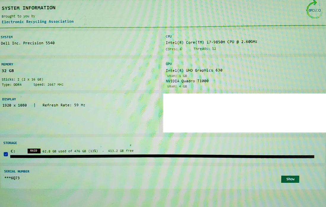 Dell Precision 5540 i7-9850H QUADRO T1000 4GB GPU 32GB RAM 512SSD