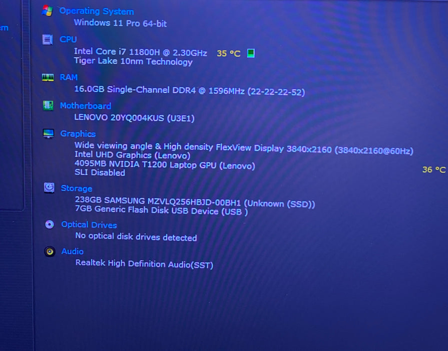 Lenovo ThinkPad P15 Gen 2 4K i7-11800H T2000 4GB GPU 16GB 256SSD Bad LCD READ!
