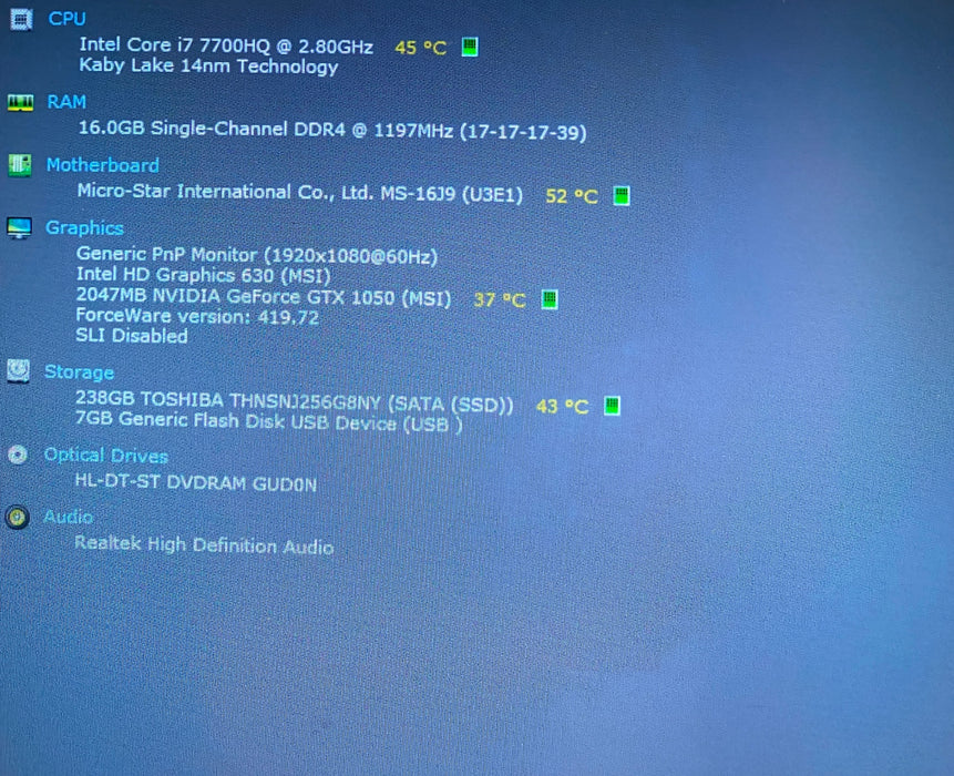 MSI MS-16J9 GE62 7RD APACHE i7-7700HQ GTX1050 2GB GPU 16GB RAM 256GB SSD