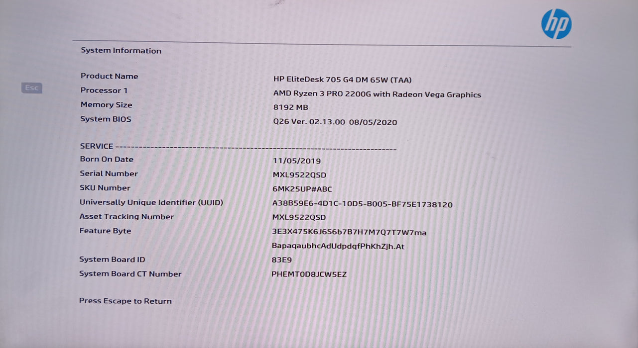 HP EliteDesk 705 G4 USFF w/ Ryzen 3 Pro 2200G 8GB No HDD/SSD/NVME