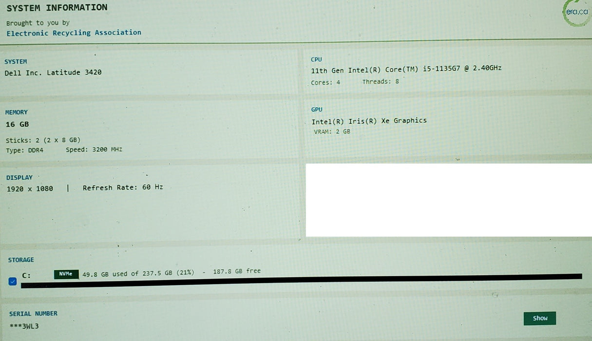 Dell Latitude 3420 i5-1135G7 16GB DDR4 256GB SSD NVMe