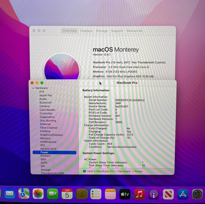 Apple MacBook Pro 13" 2017  i5-7360U 8GB RAM 256GB SSD No Power Adapter READ!