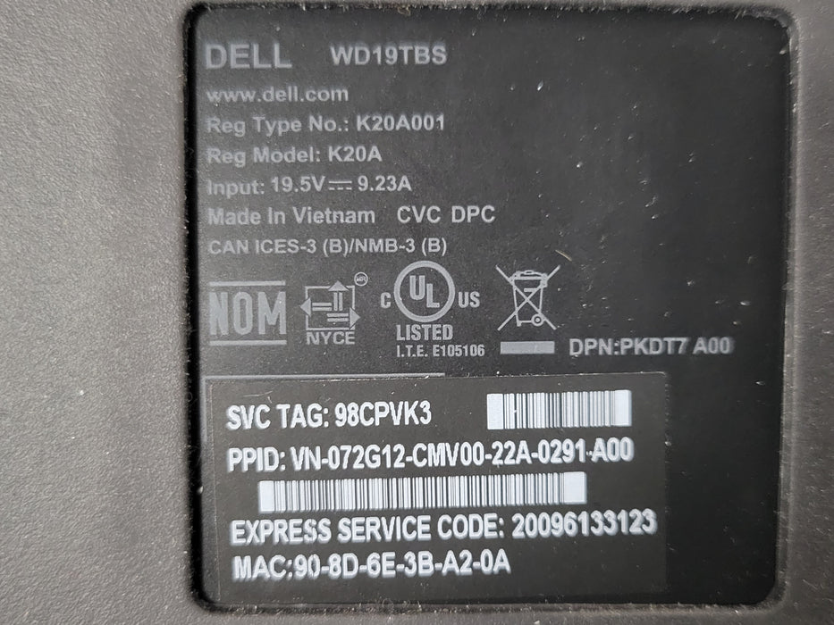 Lot of 7x Dell WD19TB/WD19TBS K20A001 USB-C Docking Station, READ