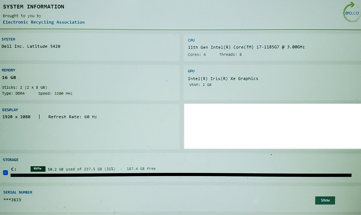 Dell Latitude 5420 Core i7-1185G7 3.00GHz 16GB RAM 256GB SSD READ