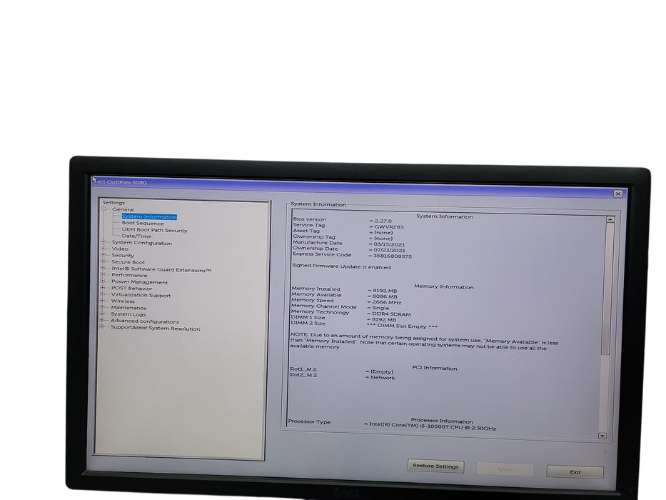 Dell Optiplex 3080 Micro i5 - 10500T @ 2.30GHz 8GB DDR4 Ram No HDD