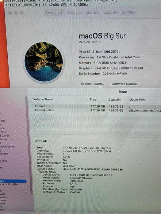 Apple iMac A1418 21.5\\" Intel Core i5-4260U 1.40GHZ 8GB 500GB HDD, Big Sur