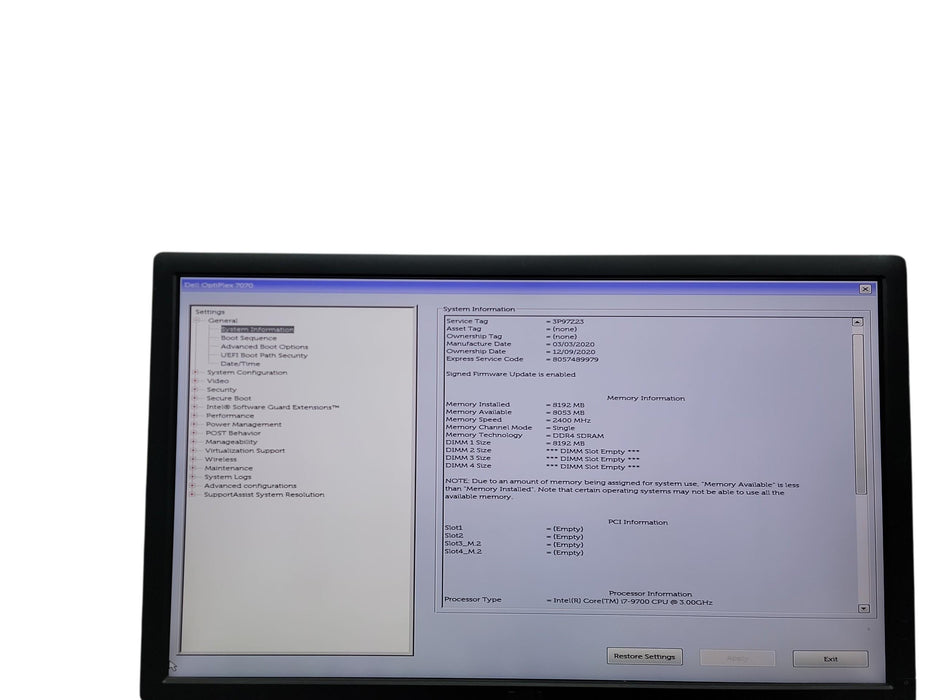 Dell Optiplex 7070 SFF i7 - 9700 @ 3.00GHz 8GB DDR4 Ram No HDD