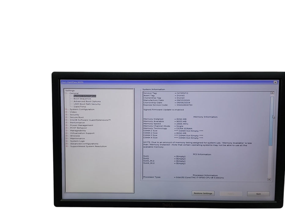 Dell Optiplex 5070 SFF i7 - 9700 @ 3.00GHz 8GB DDR4 Ram No HDD