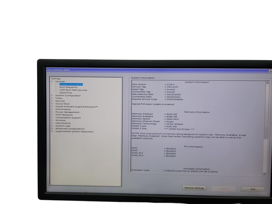 Dell Optiplex 3080 SFF i5 - 10500 @ 3.10GHz 8GB DDR4 Ram No HDD