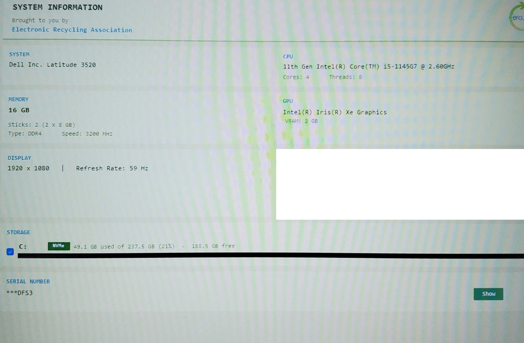 Dell Latitude 3520 i5-1145G7 @ 2.6GHz 16GB DDR4 256GB NVMe