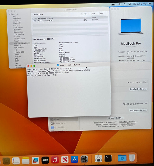 Apple MacBook Pro 16" i9-9880H Radeon Pro 5500M 4GB GPU 32GB RAM 1TB SSD READ