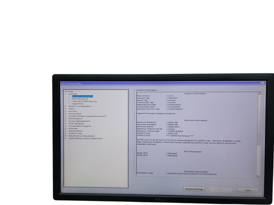 Dell Optiplex 3080 Micro i3 - 10105T @ 3.00GHz 8GB DDR4 Ram No HDD