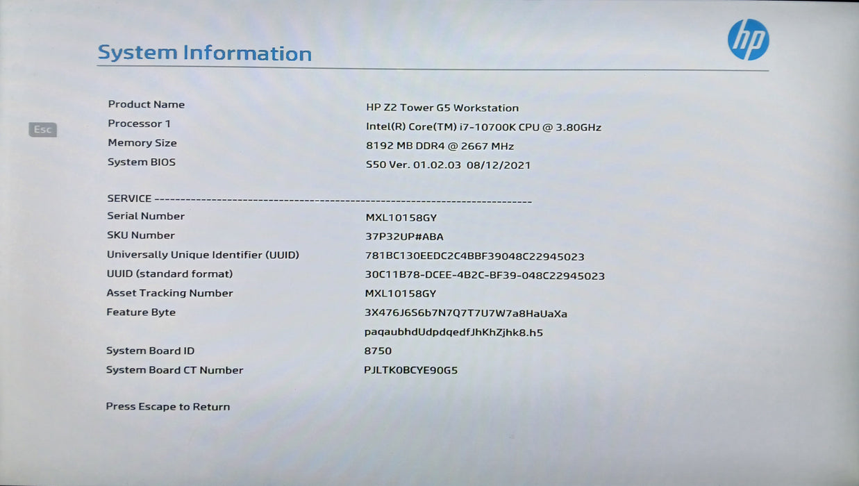 HP Z2 Tower G5 Desktop w/ Intel i7-10700K 8GB RAM No HDD/SSD/NVME
