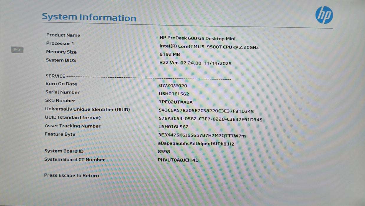 HP ProDesk 600 G5 USFF w/ Intel i5-9500T 8GB RAM No HDD/SSD/NVME